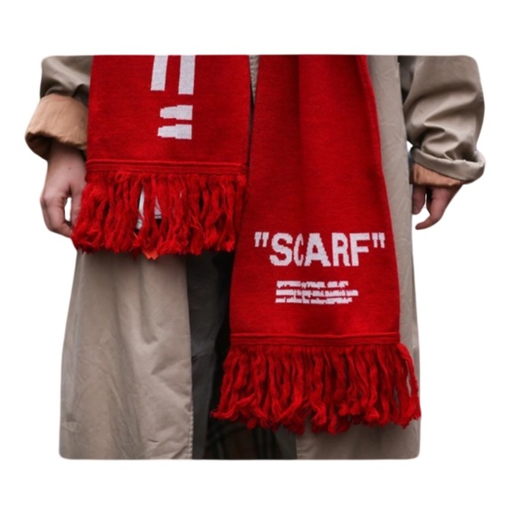 Off-White Wool Red and White Fringed Tassel Scarf Intarsia-knit Extra Long Scarf - Picture 6 of 8